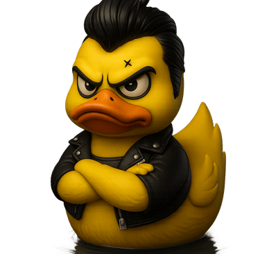 A bad ass duck, a rubber duck with a black jacket and leather jacket
