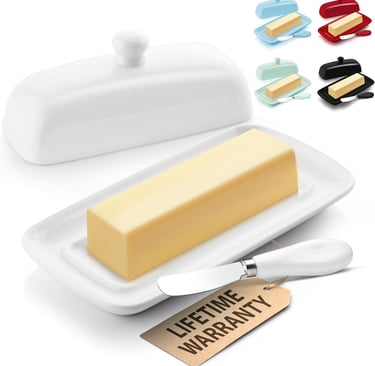 Zulay Butter Dish With Lid For Countertop - Porcelain White, Ceramic Butter Dish with Knob Handle Great for Cooking - Elegant