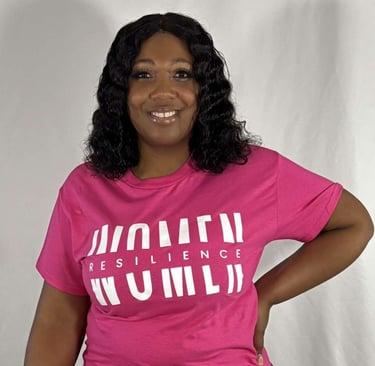 a woman in a pink shirt with a pink shirt and black pants