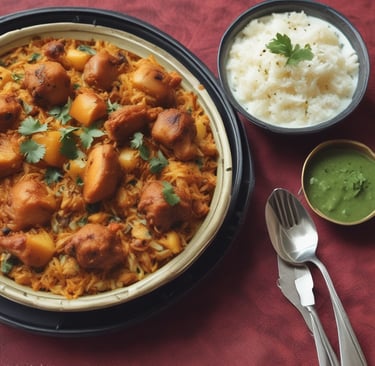 A gourmet dish featuring a large metal bowl filled with biryani, topped with a cooked chicken leg, roasted tomato, and slices of onion, accompanied by a variety of sides including a soup with cilantro garnish, small roasted potatoes, sliced cucumbers and carrots, sliced tomatoes and onions, a bowl of red sauce, a bowl of yogurt, and sliced limes with mint leaves. There are also assorted spices and a decorative piece resembling a knife on the side.