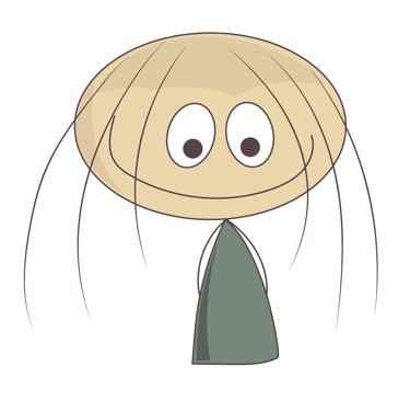 Simple cartoon illustration of a smiling character with a round head and long thin hair.