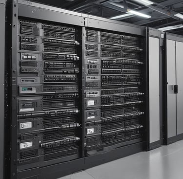 A hand holding a thermal scanner is pointed towards a rack of computer servers. The servers are illuminated with blue LED lights, giving a technological and futuristic feel.
