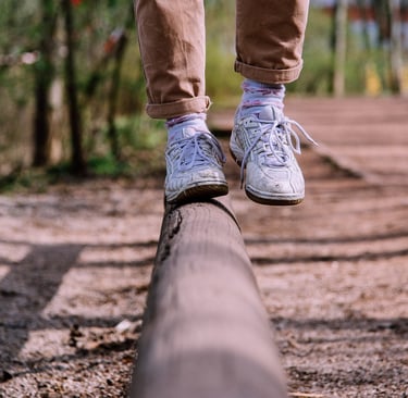 a person standing on a log in the woods