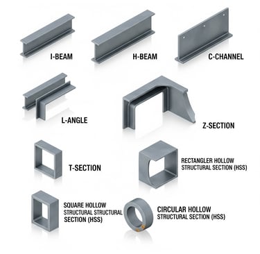 Diagram showing various structural steel beam shapes including I-beam, H-beam, C-channel, L-angle, and HSS sections.