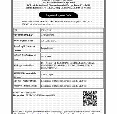 GST Certificate of ARTASHI India
