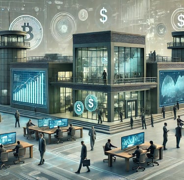 a group of people standing around a table with computers