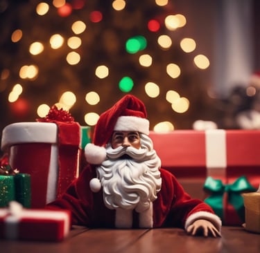 a santa clause sitting on a table with presents