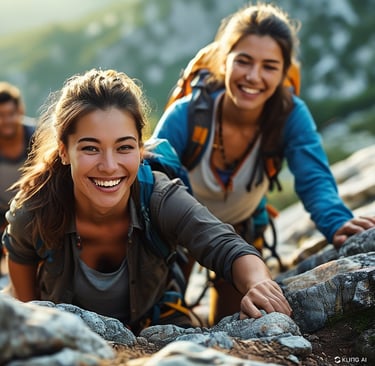 a woman climbing a mountain with a backpacker