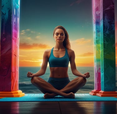 a woman sitting on a yoga mat in front of a sunset