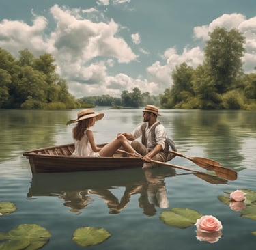 un cuplu intr-o barca pe lac amintind de dragoste contemporana