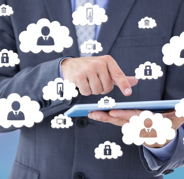 Merepresentasikan data karyawan, keamanan, dan fitur HR digital, menggambarkan konsep platform HR berbasis SaaS.