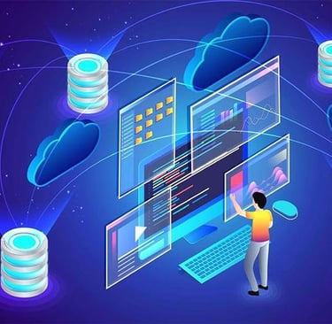Ilustrasi orang yang mengelola database cloud dan file digital yang saling terhubung melalui antarmuka virtual.