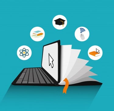 Ilustrasi e-learning dengan laptop yang berubah menjadi buku, melambangkan pendidikan digital dan pembelajaran online.