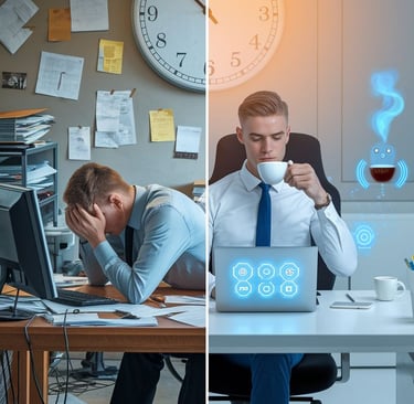 Perbandingan antara karyawan yang stres di kantor berantakan dan profesional yang tenang menggunakan sistem HR digital untuk