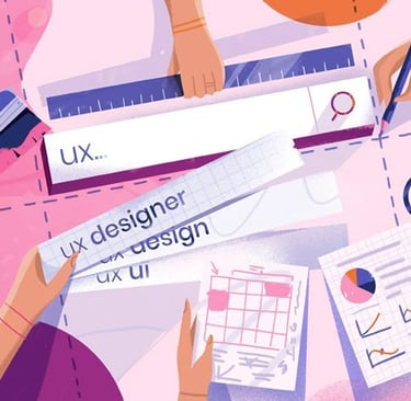 Ilustrasi desainer UX yang berkolaborasi dalam merancang pengalaman dan antarmuka pengguna