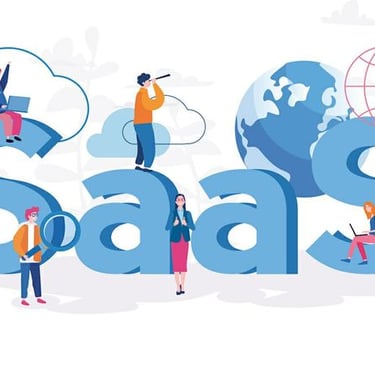  Ilustrasi konsep SaaS yang menunjukkan orang-orang menggunakan aplikasi berbasis cloud dan layanan digital.