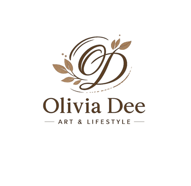 Olivia Dee Art and Lifestyle logo featuring a gold script letter D with elegant botanical leaves on a black background.