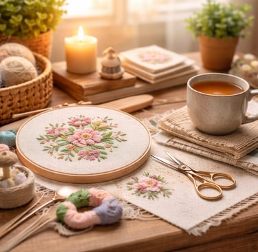 Cozy crafting workspace with embroidery supplies, handmade projects, and warm home décor