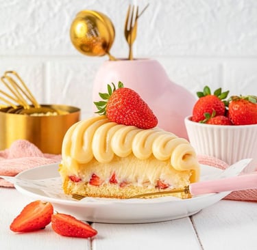 A slice of gourmet strawberry custard cake with creamy frosting and fresh berries on a white plate.