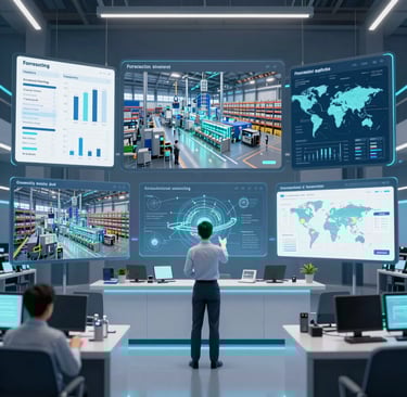 A sleek, modern workspace with dual monitors displaying supply chain analytics dashboards in deep navy and teal tones.