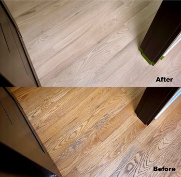 Restored hardwood: worn orange finish to custom modern stain