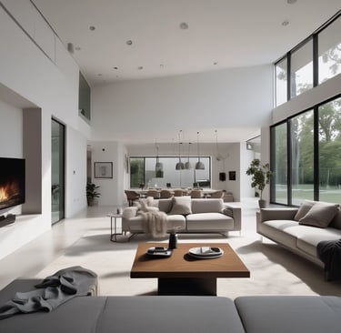 Bright, spotless living room with sunlight streaming through large windows, showcasing a freshly cleaned space.