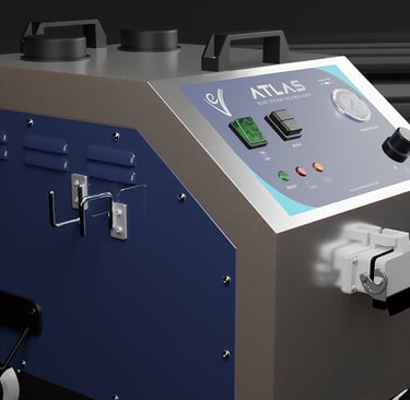 Profesjonalna stacja parowa EV Atlas dla biznesu. System czyszczenia i dezynfekcji suchą parą dla hoteli i autodetailingu.