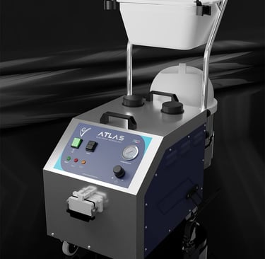 Profesjonalna stacja parowa EV Atlas dla biznesu. System czyszczenia i dezynfekcji suchą parą dla hoteli i autodetailingu.