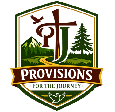 Provisions for the Journey emblem featuring a Christian cross, mountains, and pine trees in a shield logo.