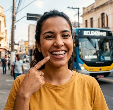 Mulher sorridente exibindo seus alinhadores transparentes enquanto está em uma rua movimentada