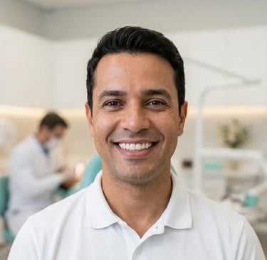 Um homem sorridente com dentes brancos em um consultório odontológico para tratamento profissional de odontologia estética.