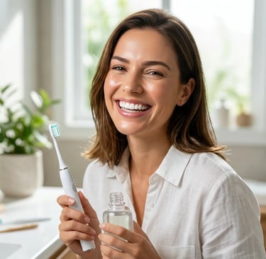 A smiling woman holds a white electric toothbrush and mouthwash in a bright bathroom.