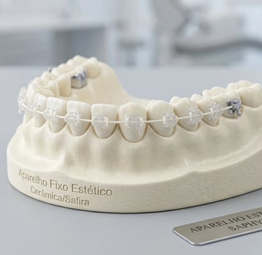 Modelo de arcada dentária em ângulo lateral mostrando aparelho fixo com braquetes de safira transparentes.