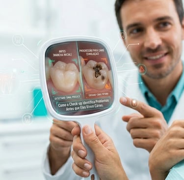 Um dentista mostrando a uma paciente uma digitalização de cárie dentária em uma tela portátil durante um exame odontológico.
