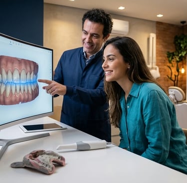 Um dentista masculino mostrando a uma paciente feminino uma digitalização 3D dos dentes em um monitor de computador.