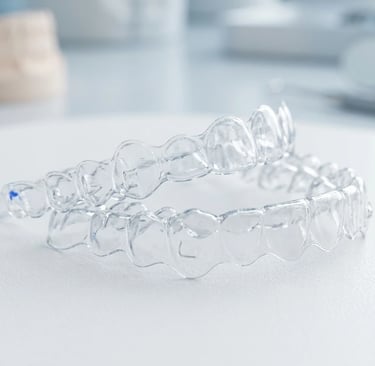 Par de alinhadores transparentes Invisalign flutuando sobre uma superfície clara e limpa.