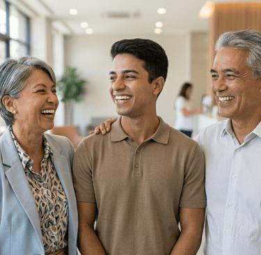 Uma família feliz sorrindo na sala de espera de uma clínica odontológica moderna após uma consulta bem-sucedida.
