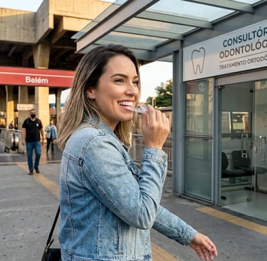 mulher sorridente coloca alinhadores transparentes enquanto passa em frente a uma clínica odontológica proximo ao metro belem