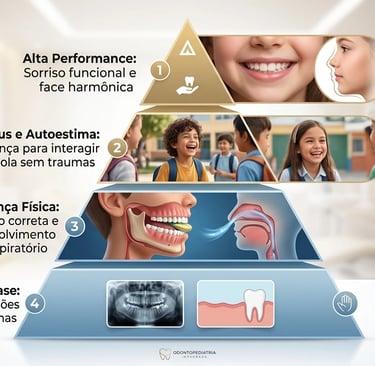 Infográfico sobre odontopediatria detalhando benefícios funcionais, estéticos e sociais da saúde bucal infantil.