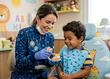 Um simpático dentista pediátrico ensinando um menino a escovar os dentes usando um modelo dentário., primeira consulta