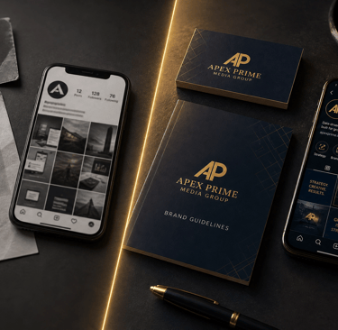 Before and after brand identity comparison showing outdated versus  premium Apex Prime Media Group 