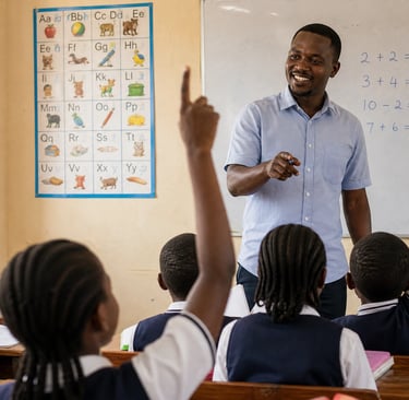 Teacher and students in an Accra classroom, illustrating digital marketing for schools in Ghana