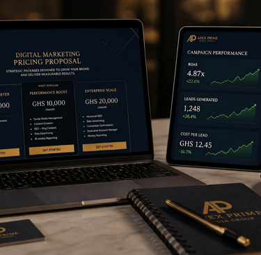 Laptop showing digital marketing pricing proposal with Ghana cedi packages beside a campaign perfor