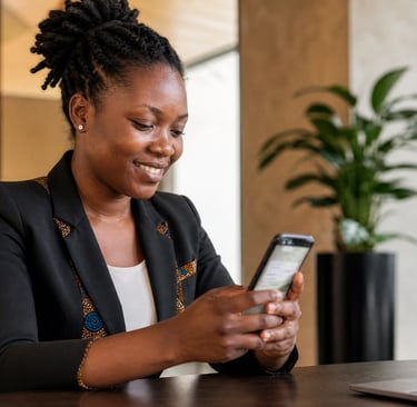 Professional Ghanaian business owner using WhatsApp Business in a premium office setting