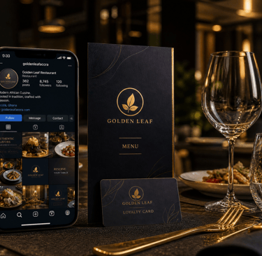 Branded restaurant Instagram feed beside a premium menu card and loyalty card in Accra Ghana