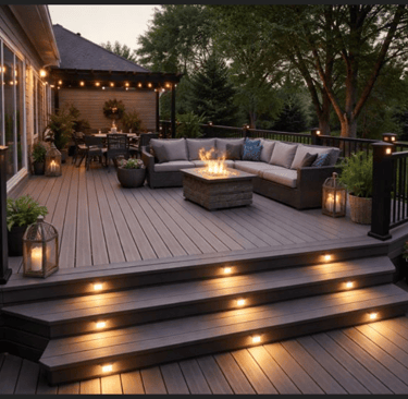 Spacious composite deck with LED lighting, outdoor seating, and fire pit by Paramount Exterior