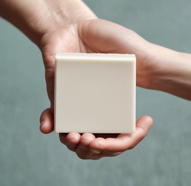 Close-up of hands holding a smooth bar of soap with visible swirls of goat milk and tallow.