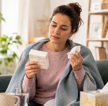 Pessoa com sintomas de gripe segurando uma caixa de remédio e lenço de papel, ilustrando a dúvida so