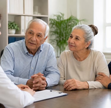 Casal de idosos em consulta com médico geriatra e familiar acompanhante
