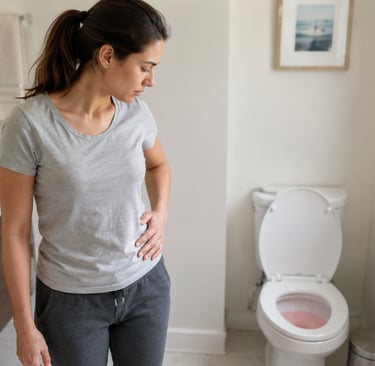 Pessoa preocupada ao notar urina rosada no vaso sanitário, ilustrando a dúvida sobre sangue na urina